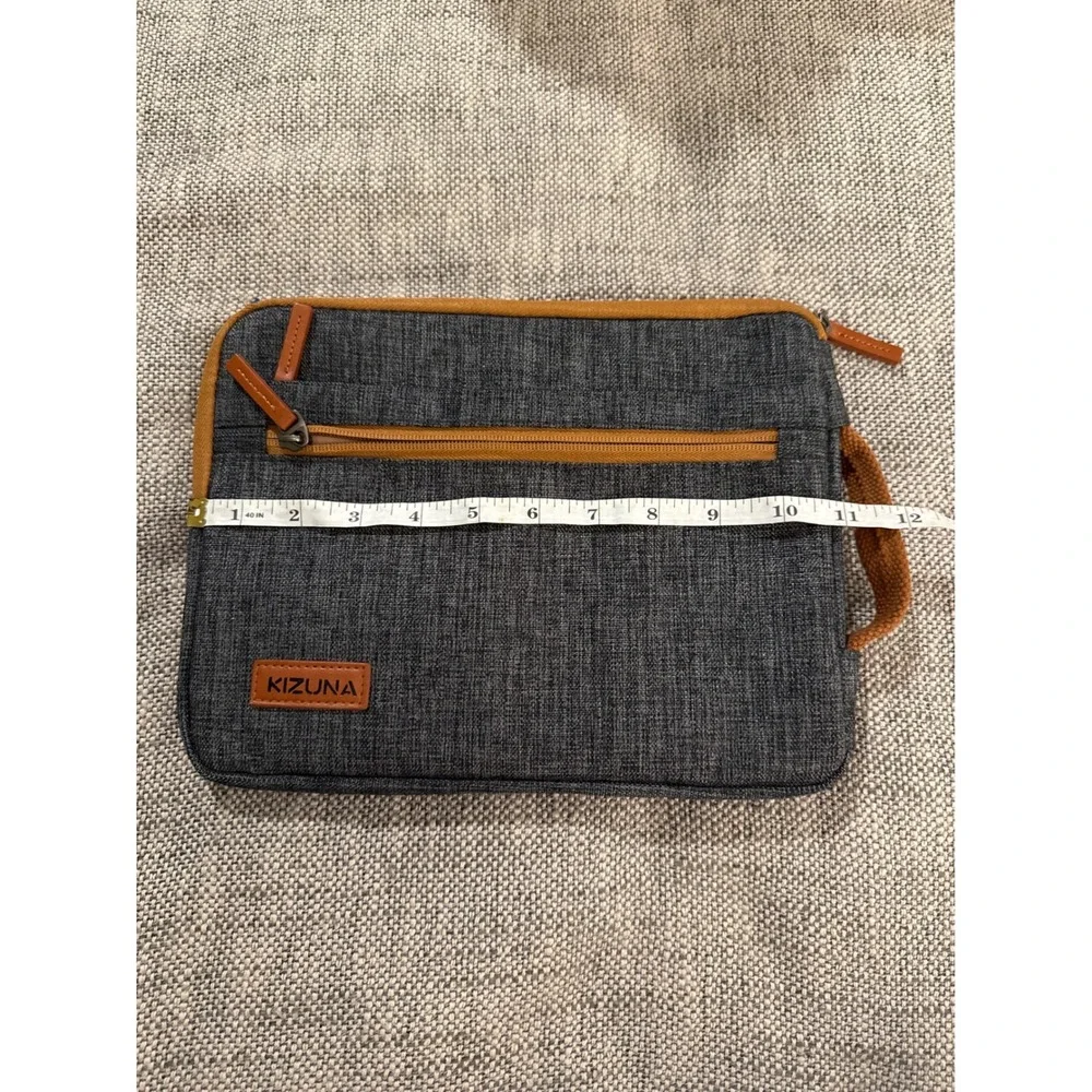 Kizuna Tablet Sleeve Case Pouch Bag Charcoal Gray Brown Trim Zipper Pockets